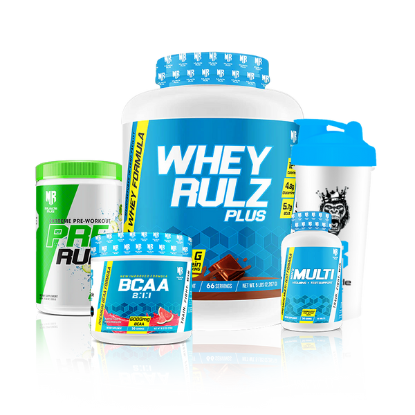 Muscle Rulz Bundle - Whey Rulz Plus Chocolate 66 Servings + BCAA Watermelon 30 Servings + Extreme Pre-Workout Pre Rulz Green Apple 30/60 Servings + Muscle Rulz Multivitamin + Test 30 Servings + Shaker JNK Nutrition